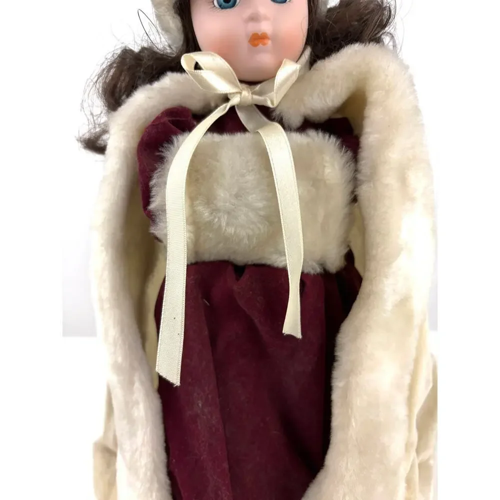 Vintage‎ Porcelain Doll in Red Dress and Hat 15” Winter Holiday With Stand